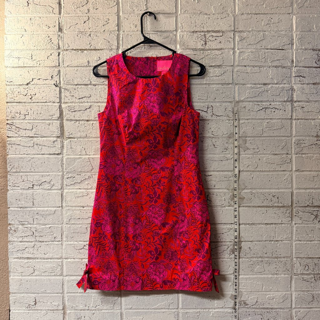 Lilly Pulitzer Pink Red Floral Shift Dress Size 2 Lace Back Sleeveless Mini